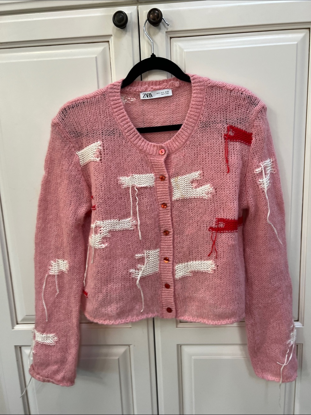Zara Pink Cardigan with White and Red ribbons 1957/ 104 S blog FAV
